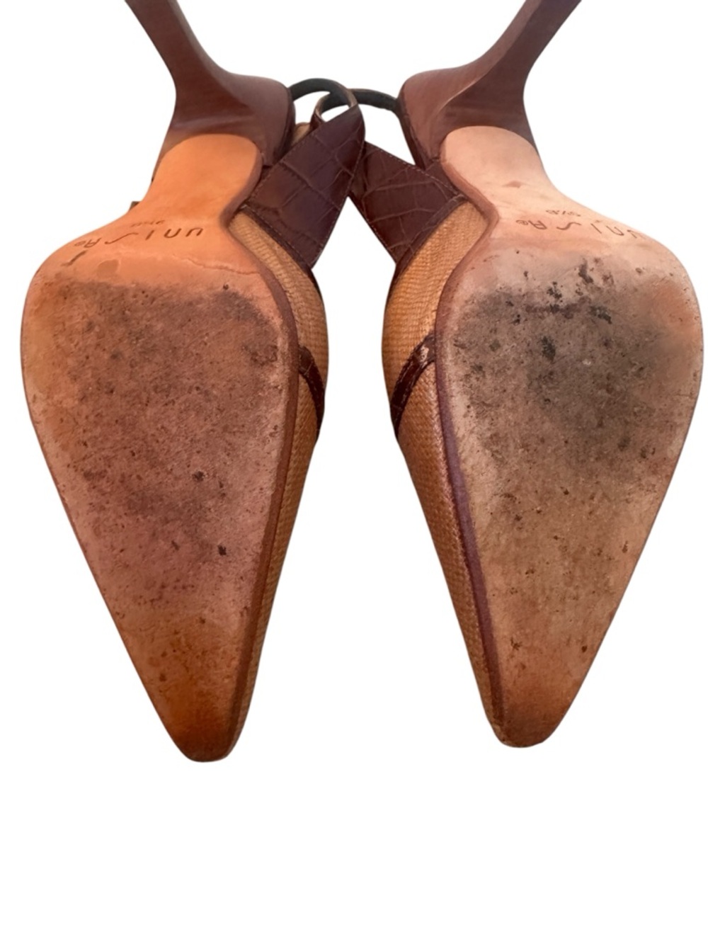 Unisa Tan Raffia and Brown Leather Croc-like Pointed Slingback Heels Size 9 1/2 - Picture 3 of 7